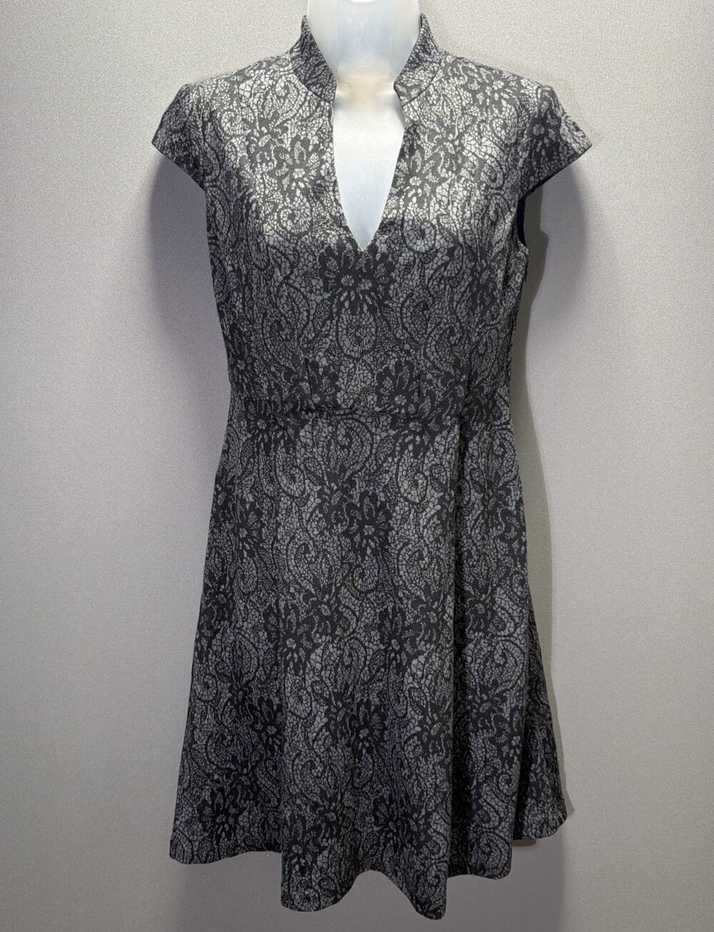Maggy L Women’s Size 4 Black Gray Lace Print Fit & Flare Dress Cap Sleeve